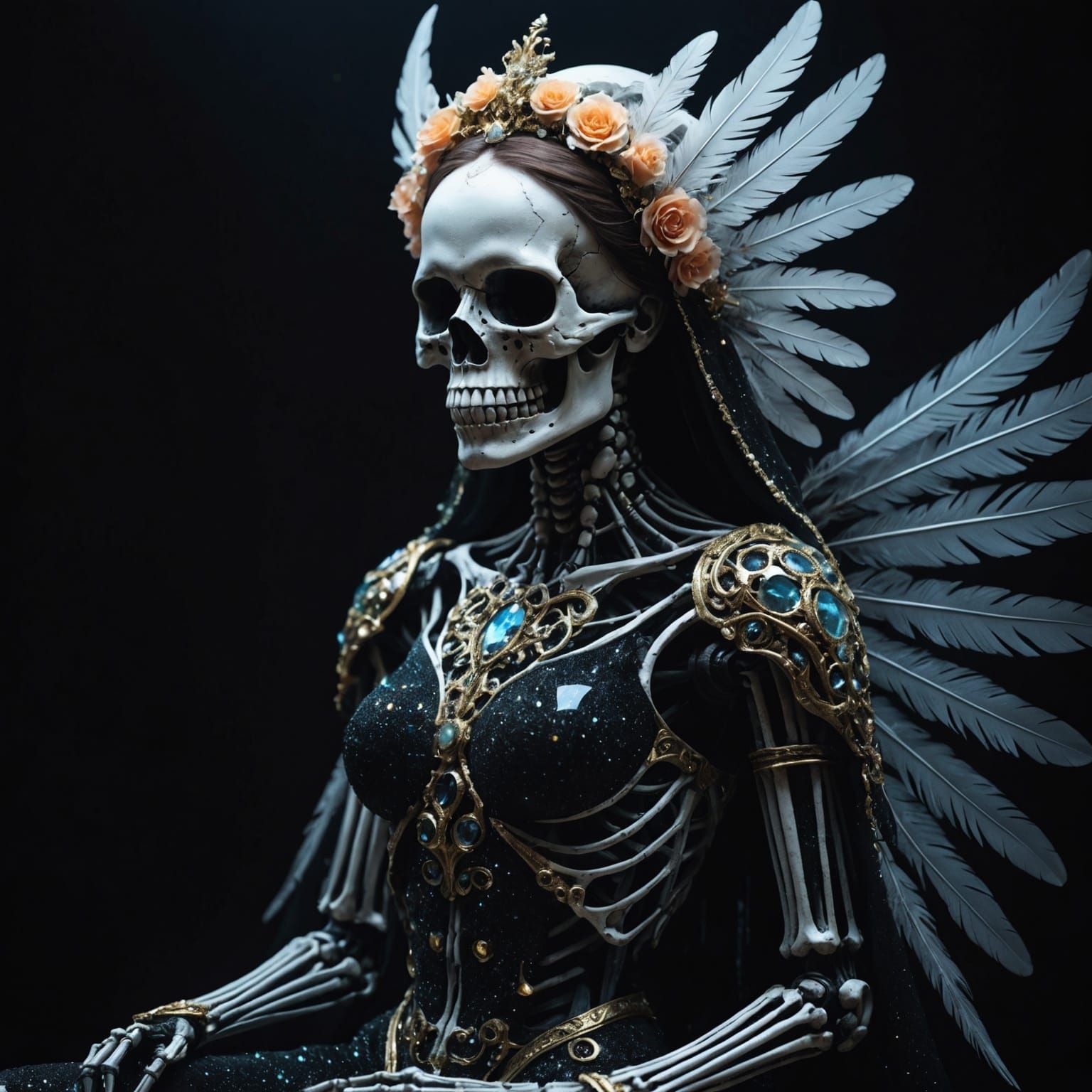 Skull Goddess in Space with Flowing Feathers