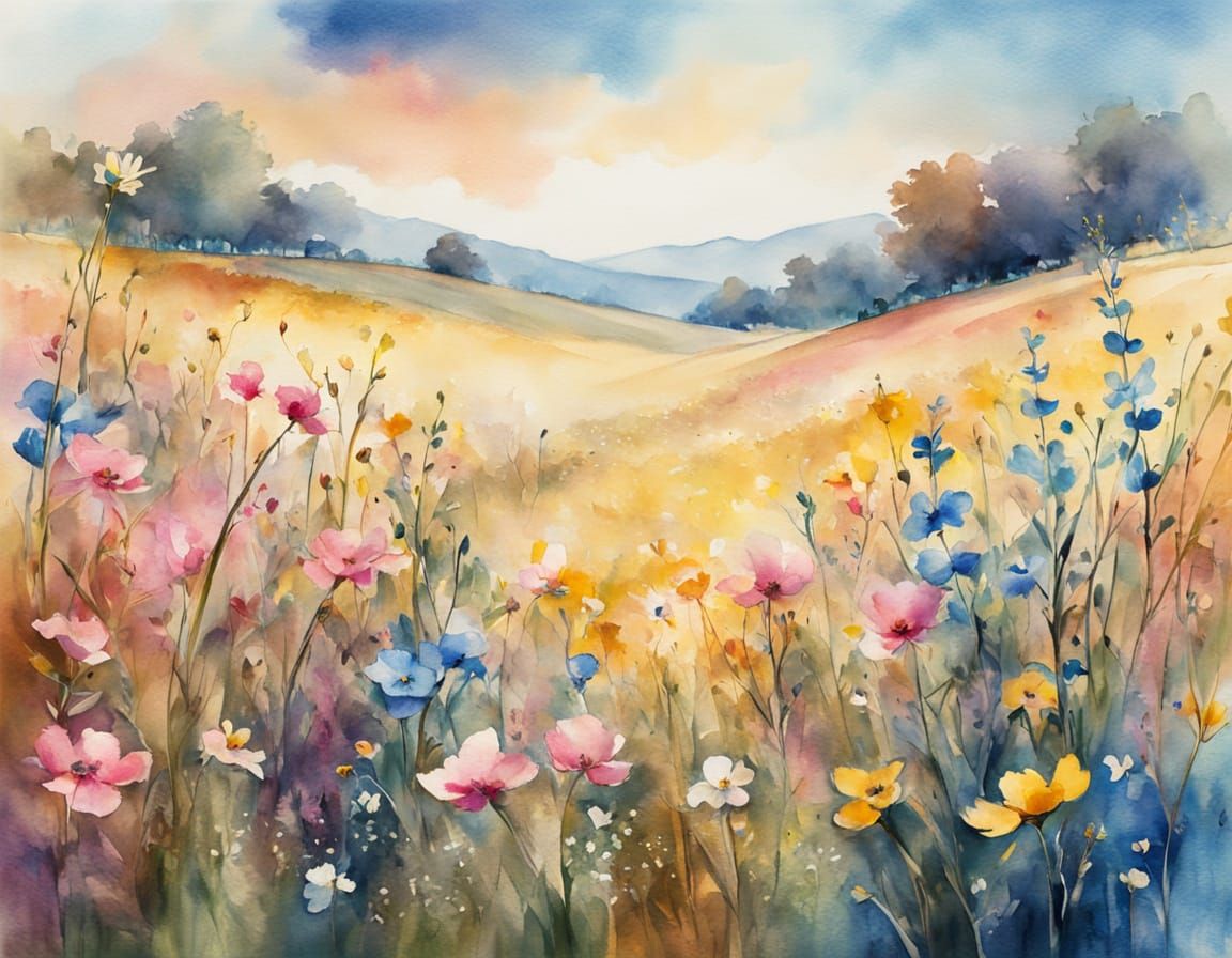 Wildflower Meadow in Gentle Watercolor Style