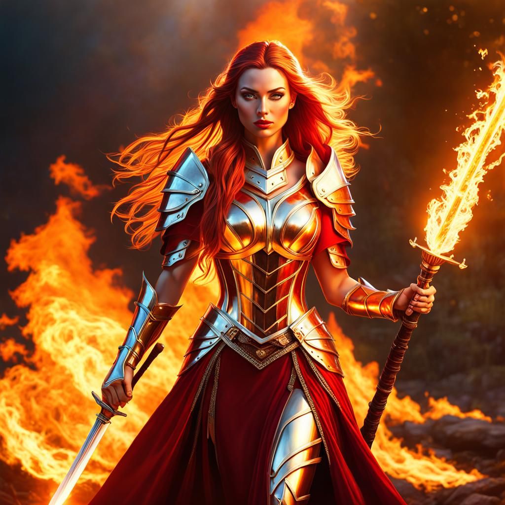 Fiery Fairy Woman with Sword in Flames