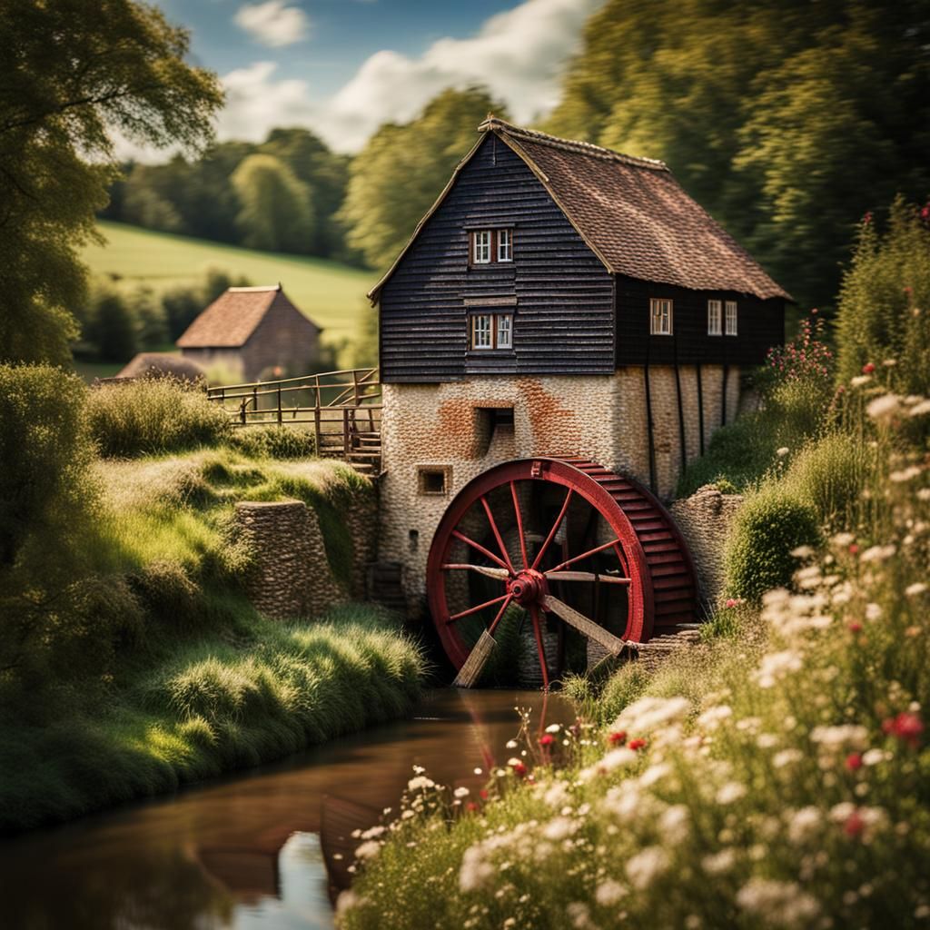 Embroidered Watermill in English Countryside