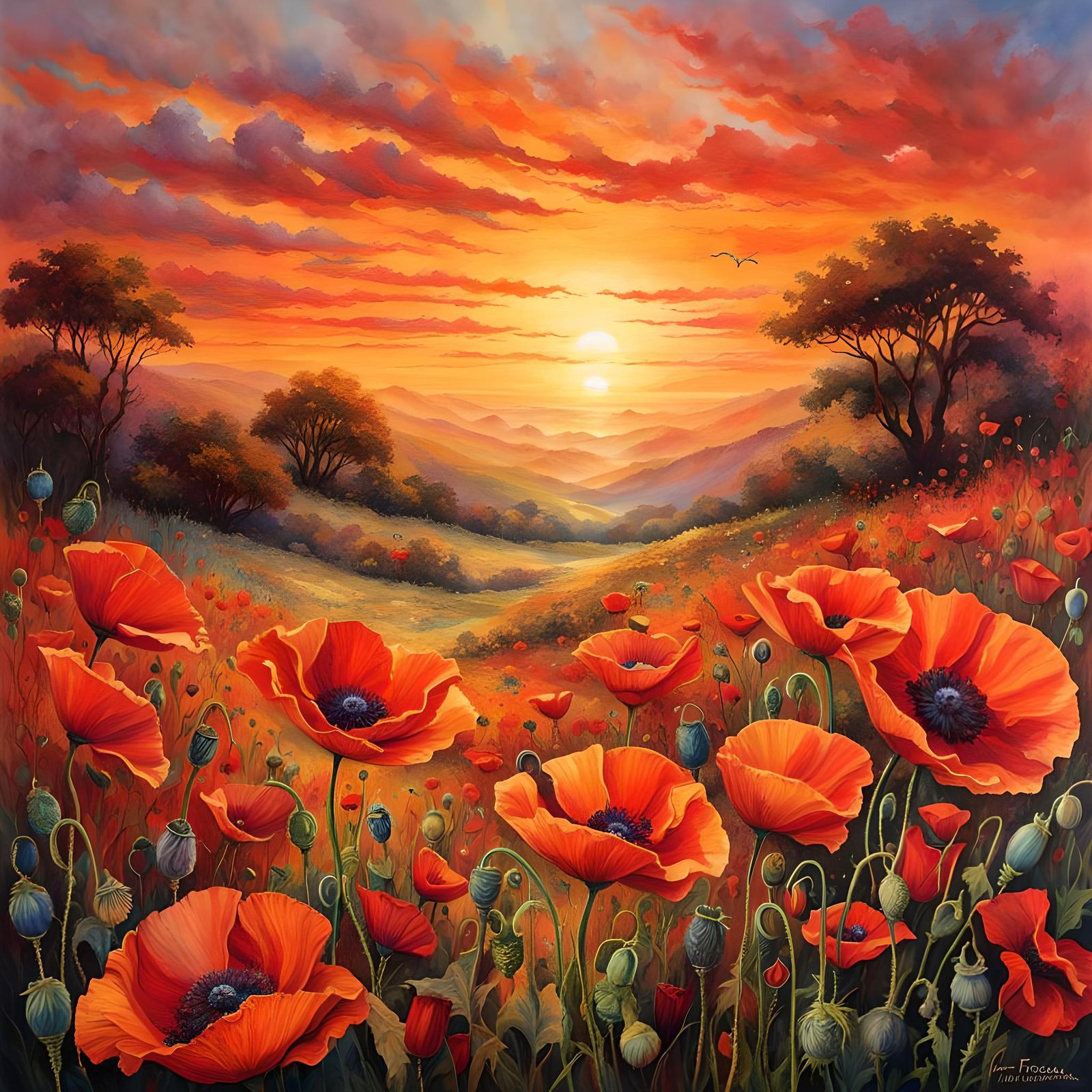 Poppy Field at Sunrise in Watercolor and Ink