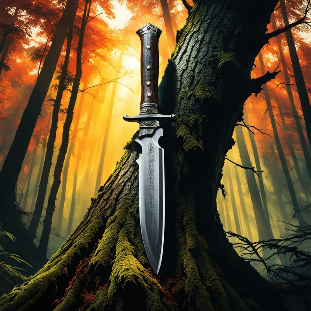 The silhouette of a bowie knife stuck in a tree in a deep forest