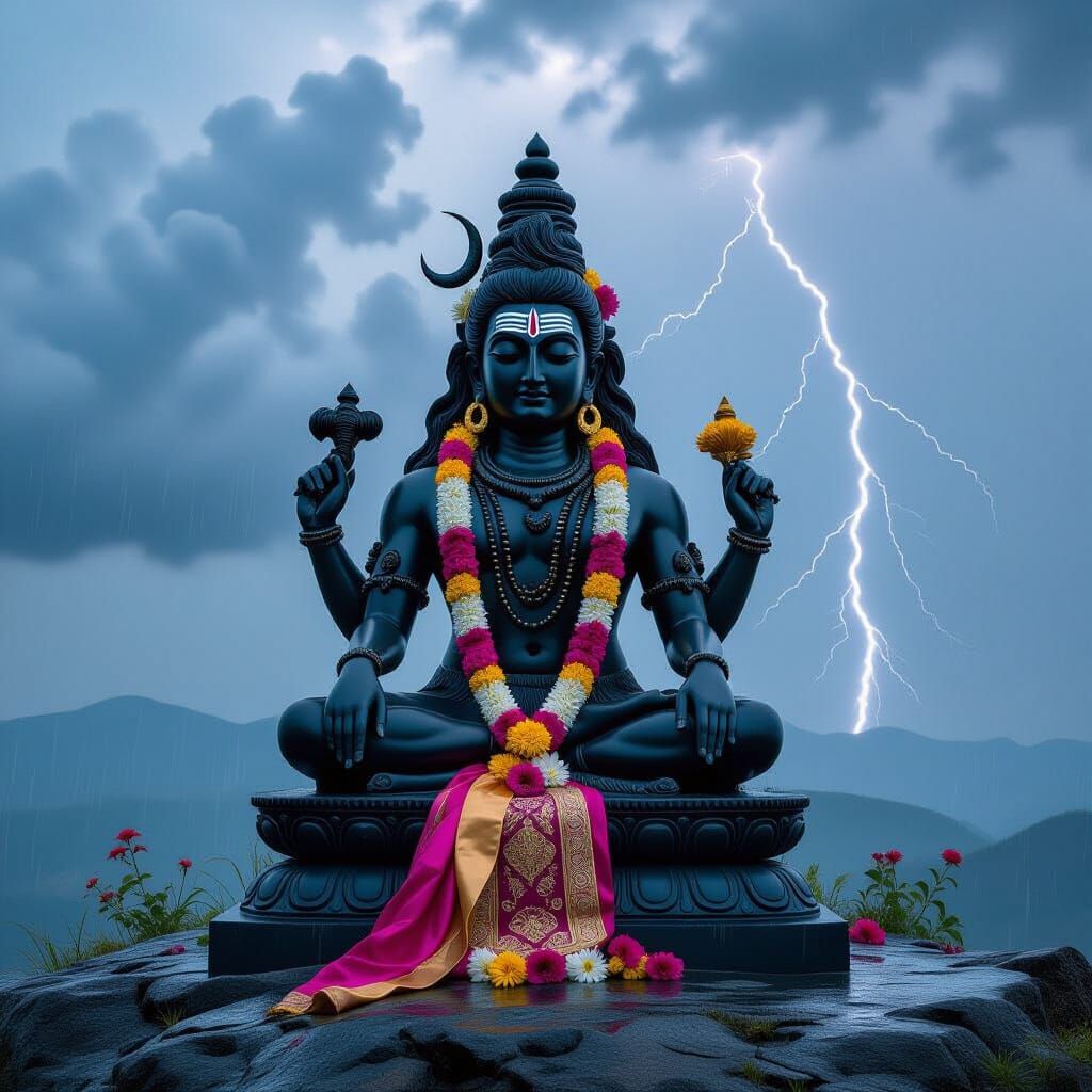 Black Stone Shiva Linga on Hilltop in Stormy Weather