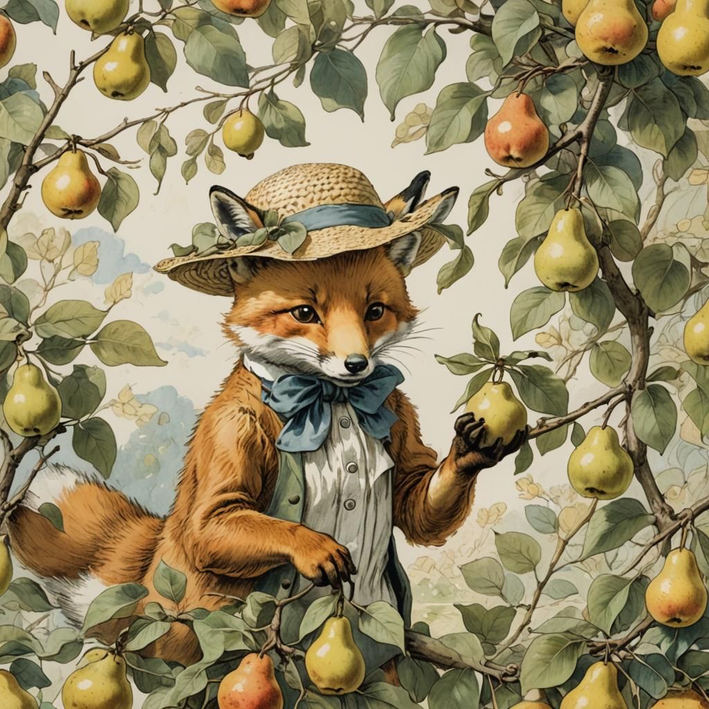 Fox in Straw Hat Picking Pear, Pastel Sketch
