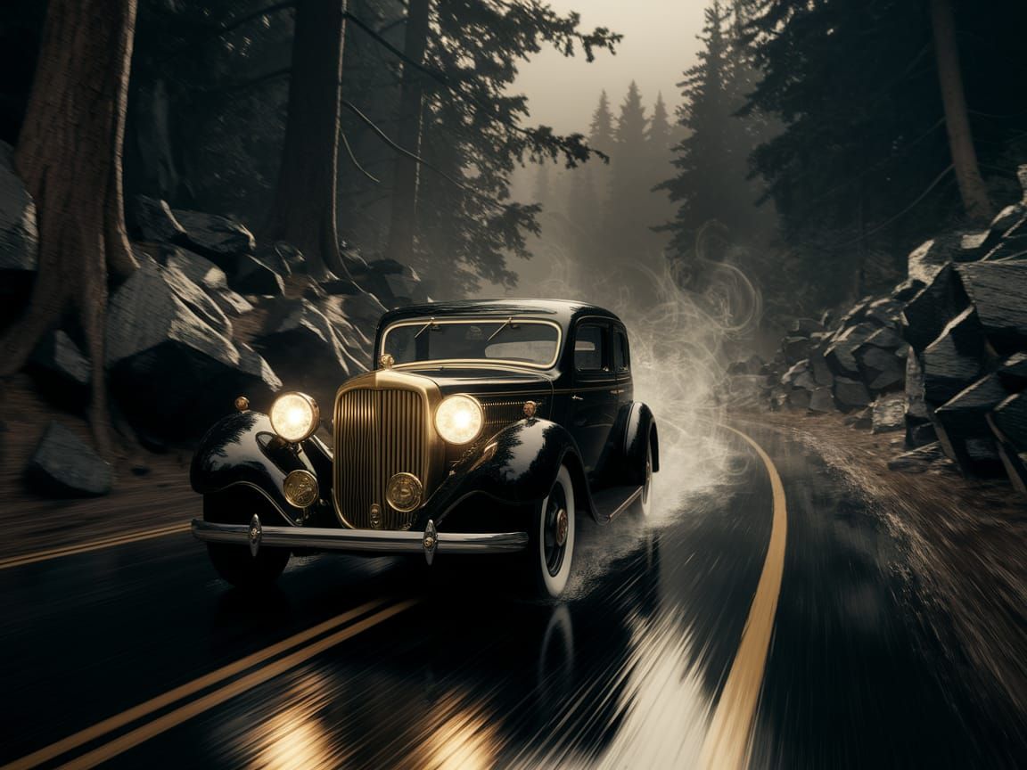 Vintage Car in Film Noir Landscape