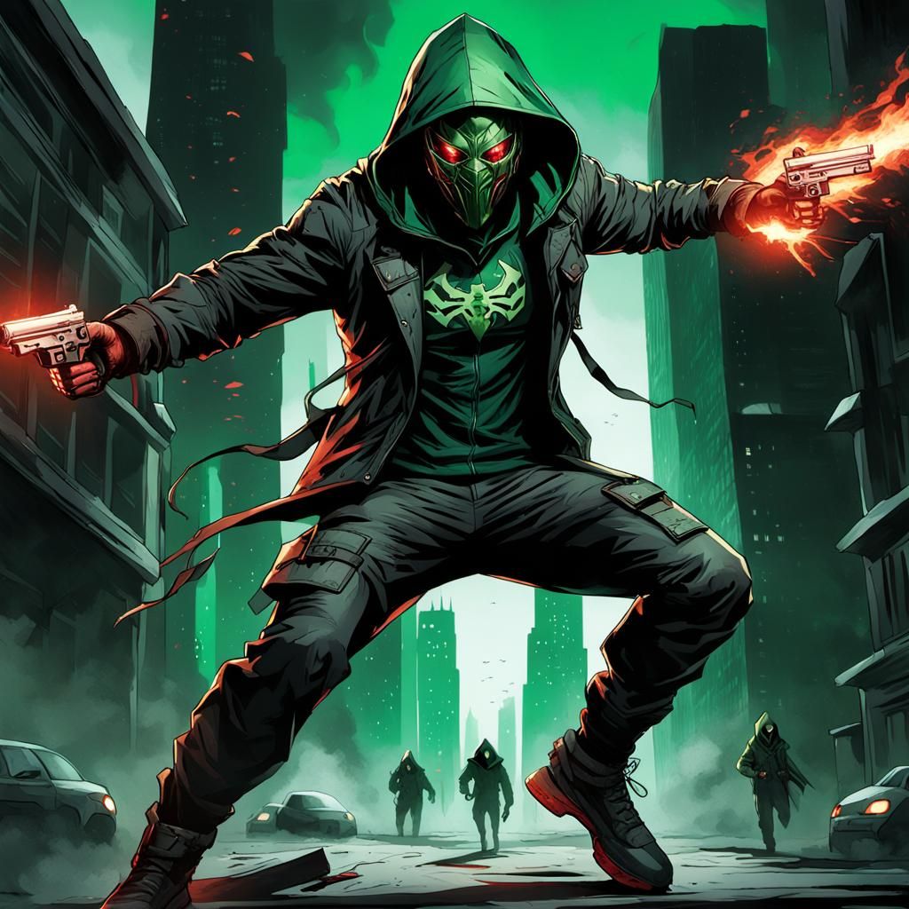 Hyperrealistic Vigilante in Metallic Mask and Dark Green Hoo...