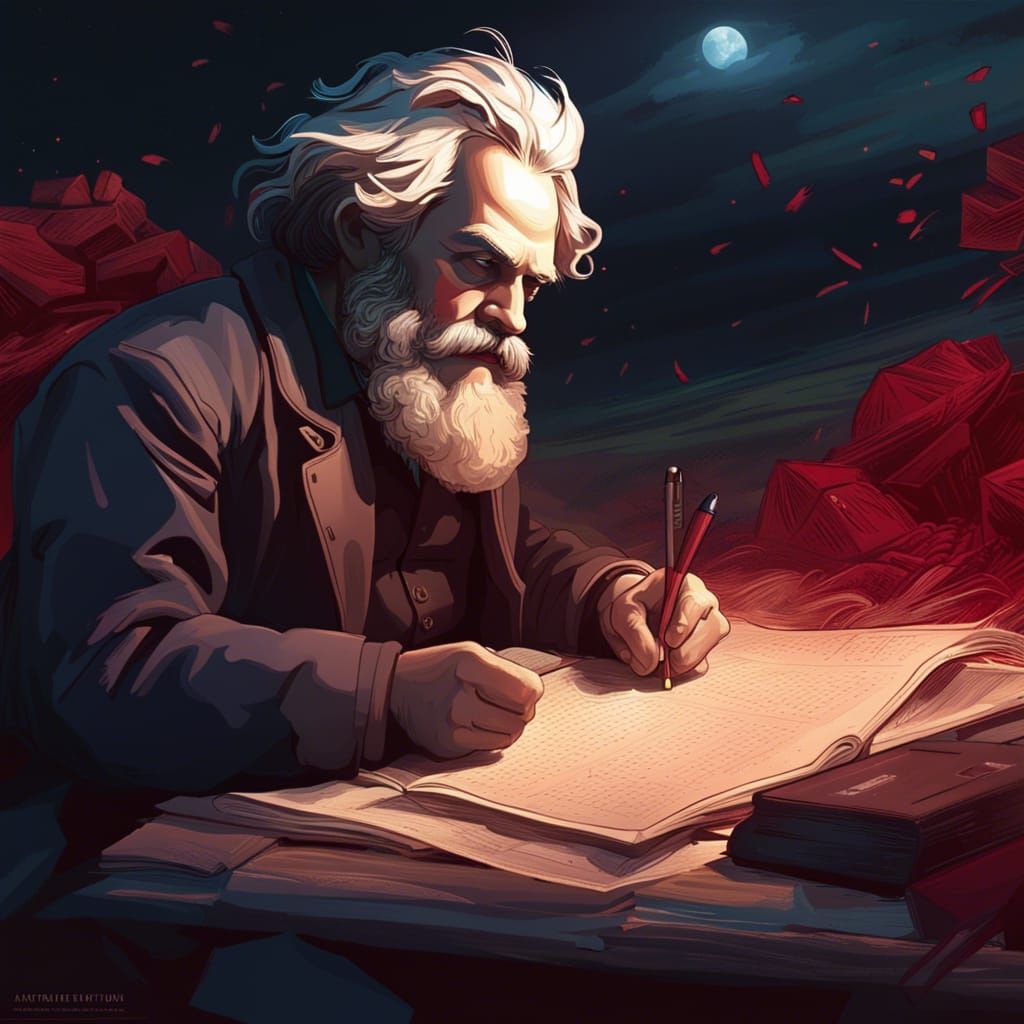 Karl Marx Writing Communist Manifesto: Detailed Portrait