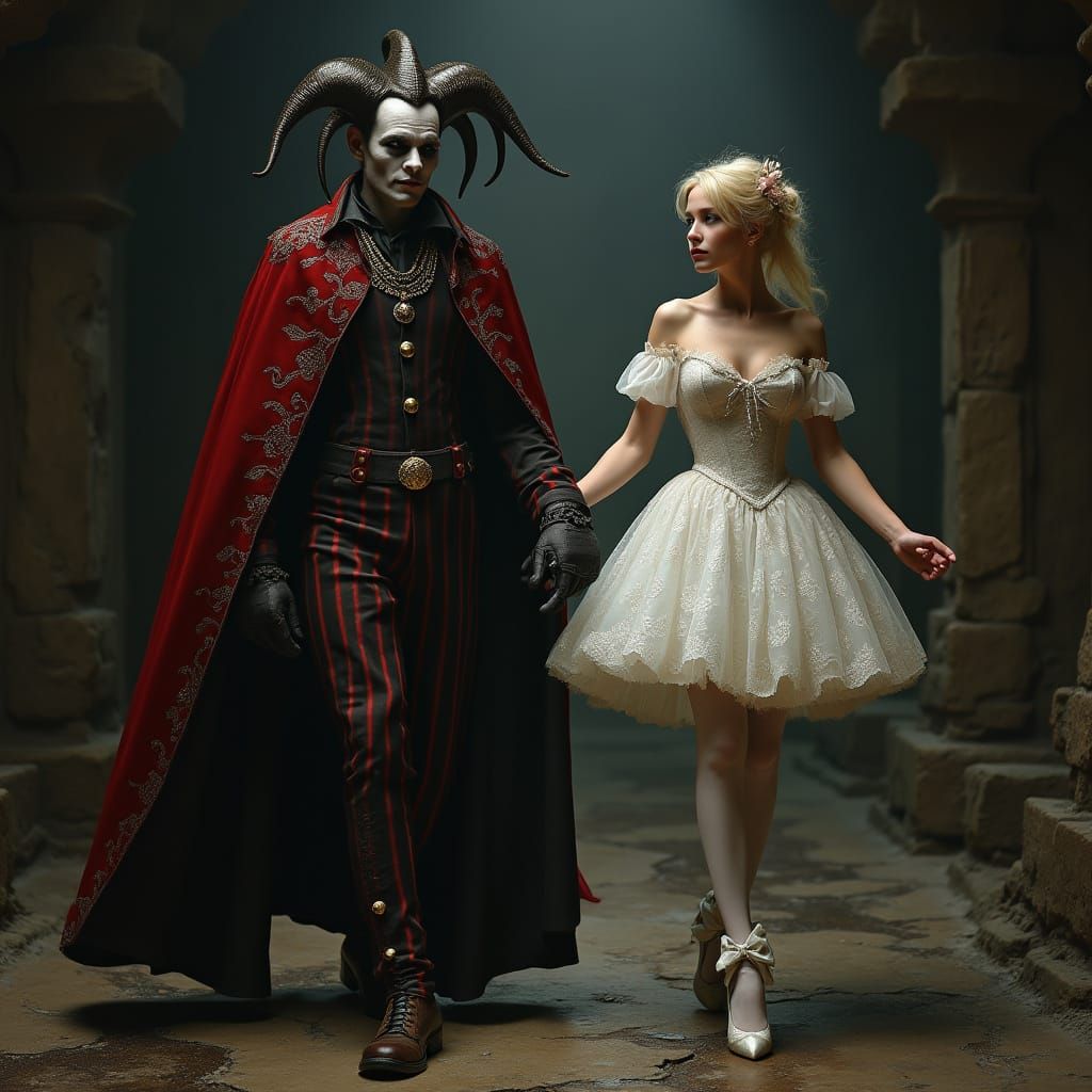 Creepy Jester and Ballerina in Dark Dungeon