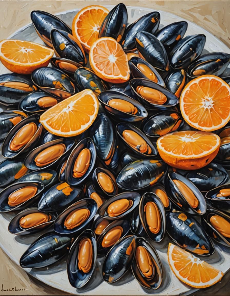 Mussels and Oranges Still Life Oil Painting