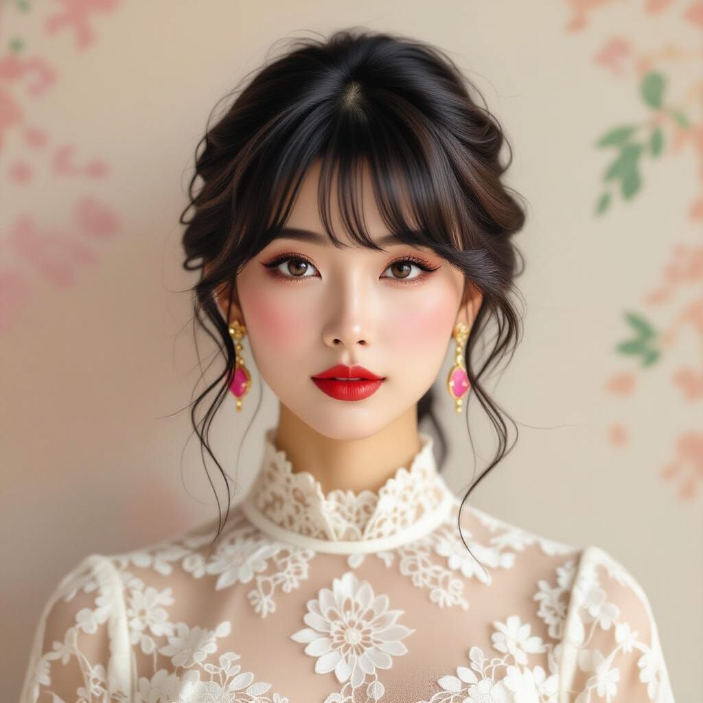 A soft-focus, vintage-inspired portrait of a young Asian wom...