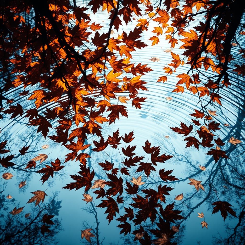 Surreal Double Exposure: Pond Ripples Meet Autumn Leaves