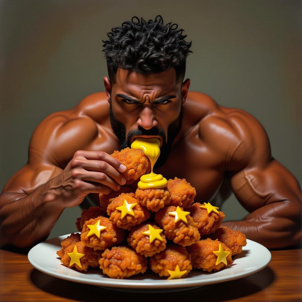 Muscular Man Devours Chicken in Dramatic Painterly Style