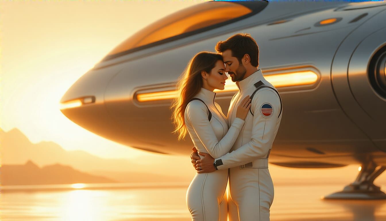 Futuristic Couple Embrace Before Spaceship, Dreamy Sci-Fi Ar...