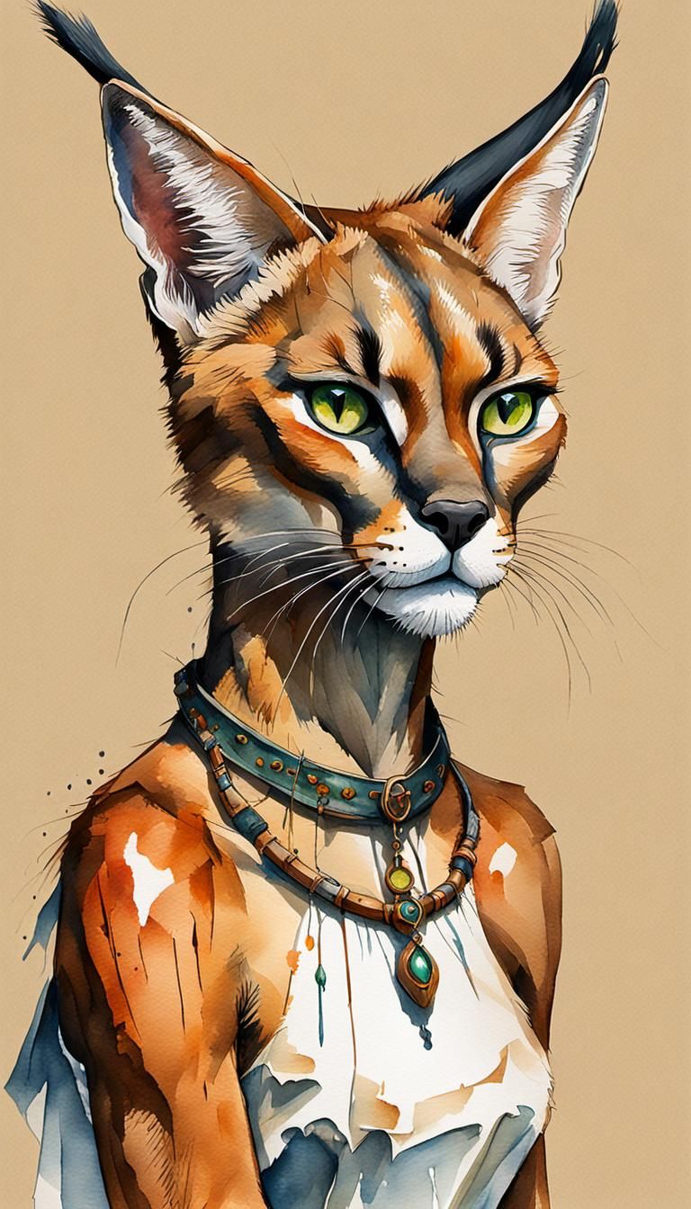 Sensual Caracal Female in Gouache Watercolor Style
