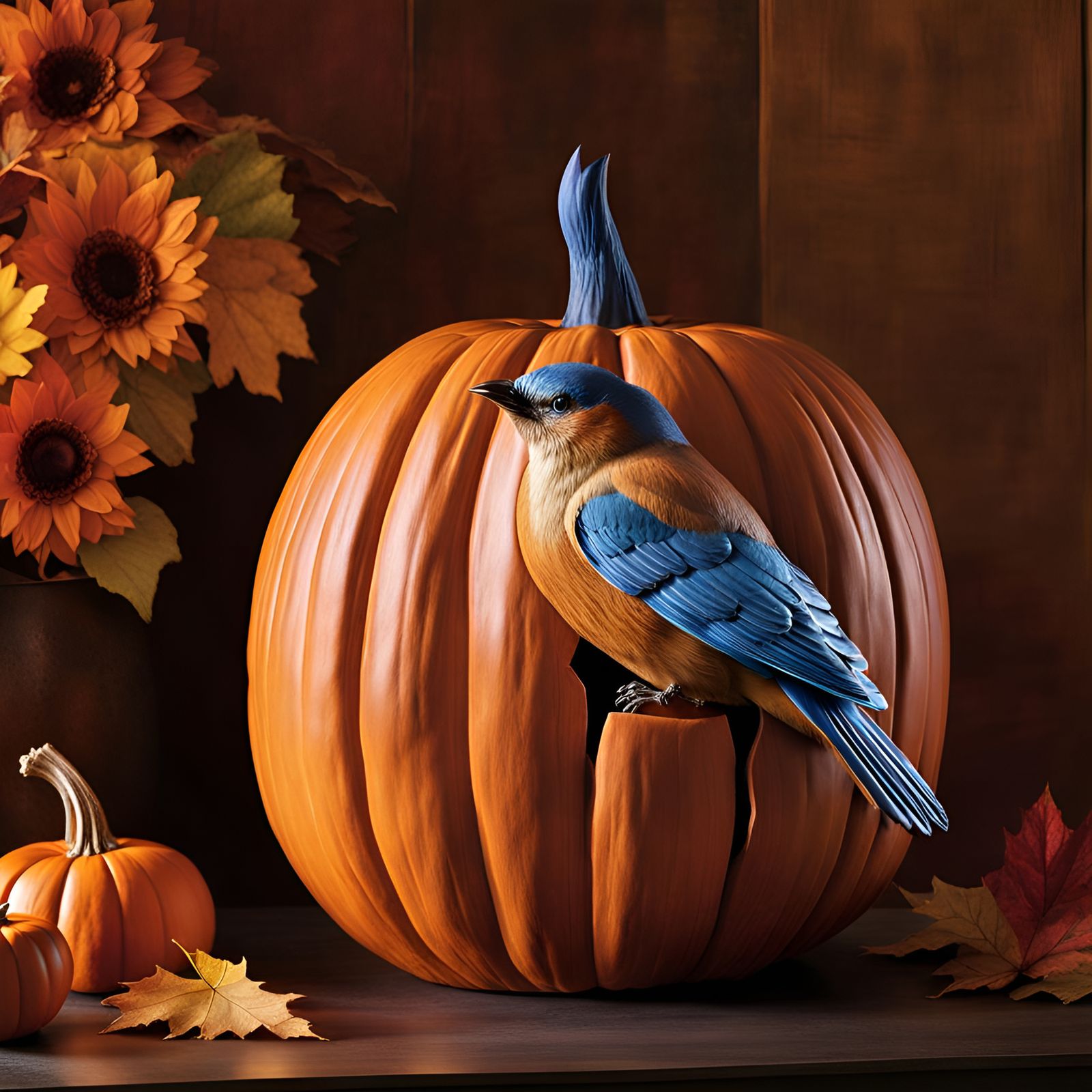 Hyperrealistic Pumpkin Sculpture with Bluebird Inside