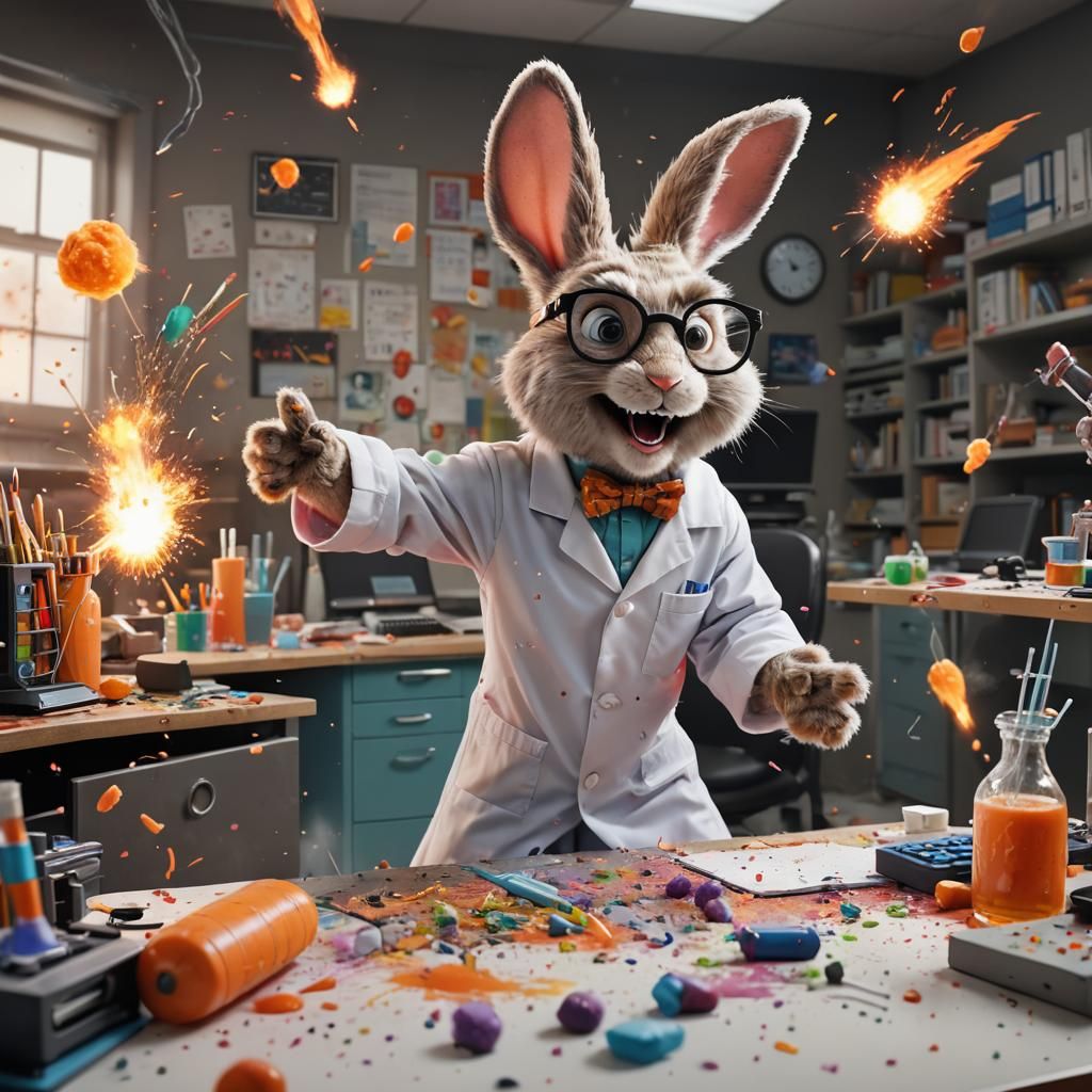 Exploding Mad Scientist Rabbit in Pixar Style
