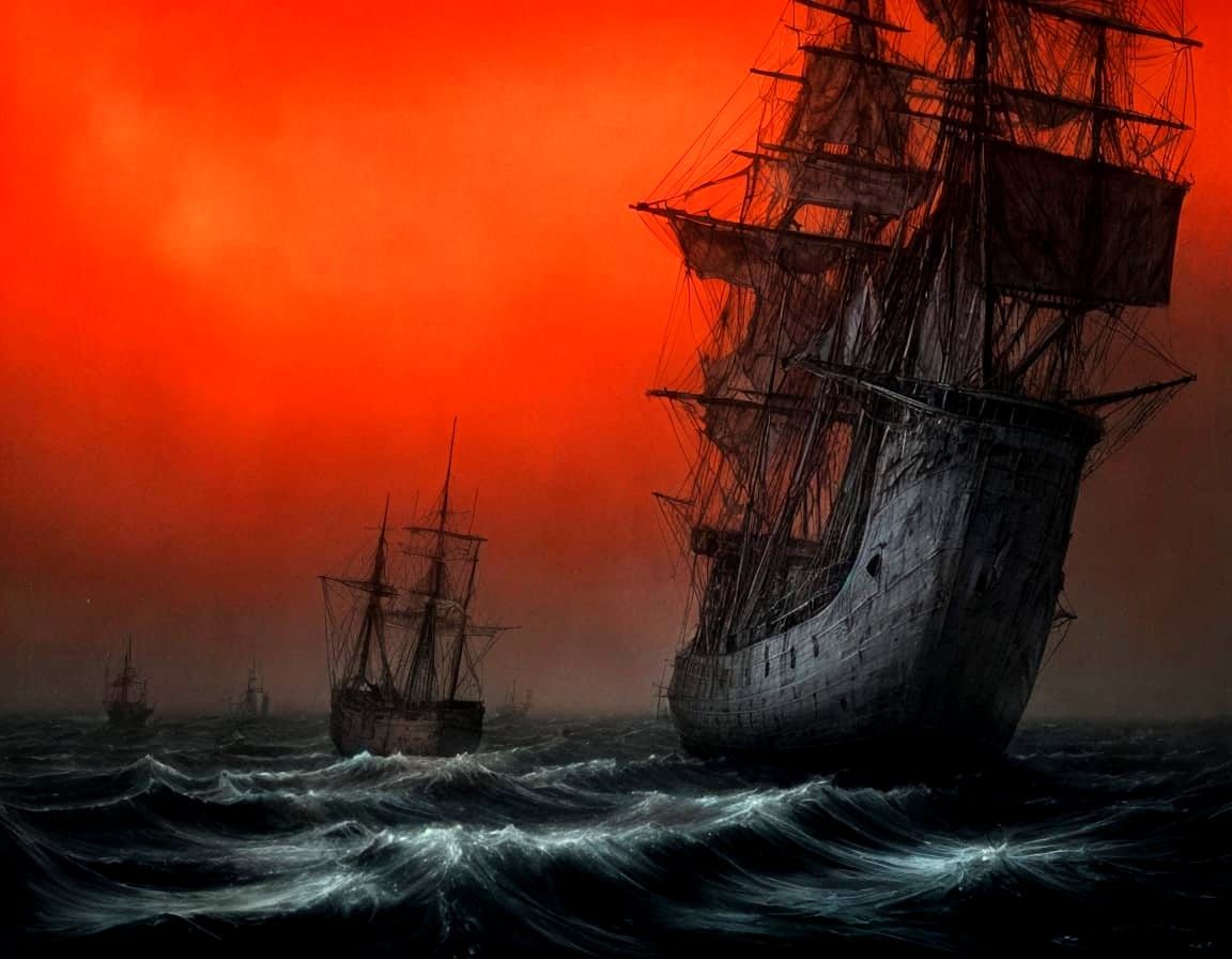 Surreal Ghost Ships Sail Through a Haunting Nighttime Sky