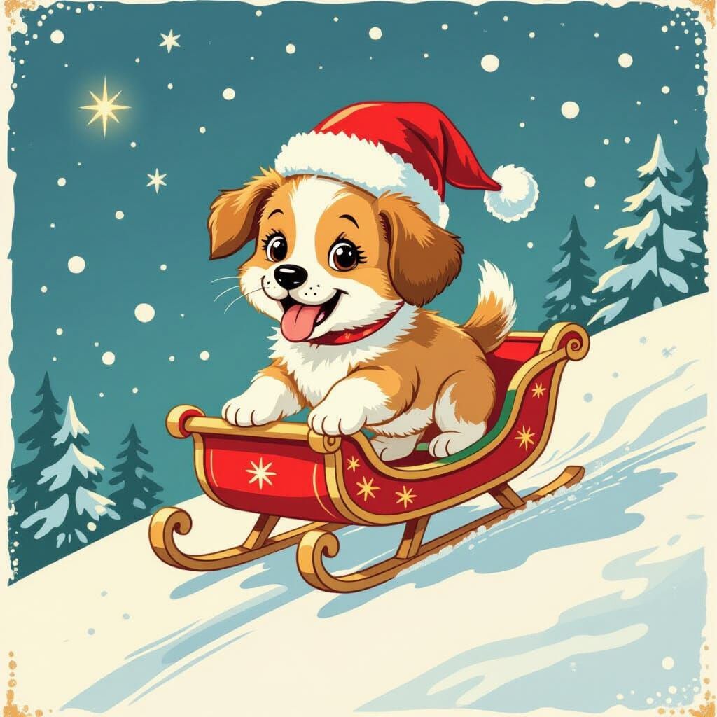Joyful Puppy in Vintage Christmas Card Style