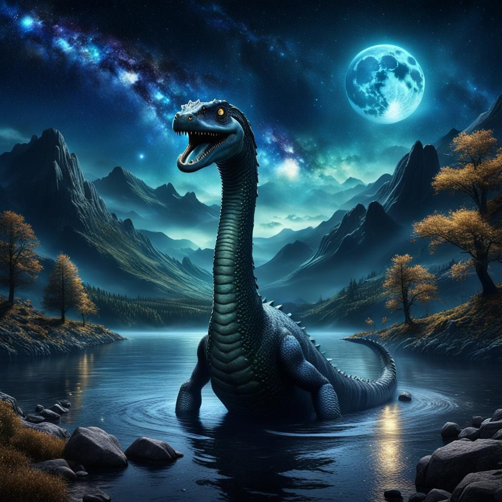 Loch Ness Monster Under Starry Night