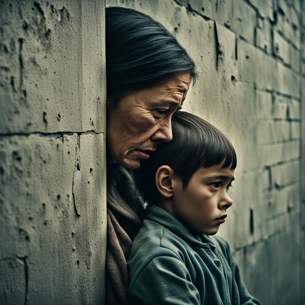 Concrete Wall Separates Mother and Child: Cinematic Still