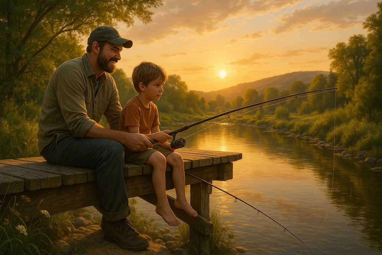 Father and Son Fishing at Golden Hour in 8k