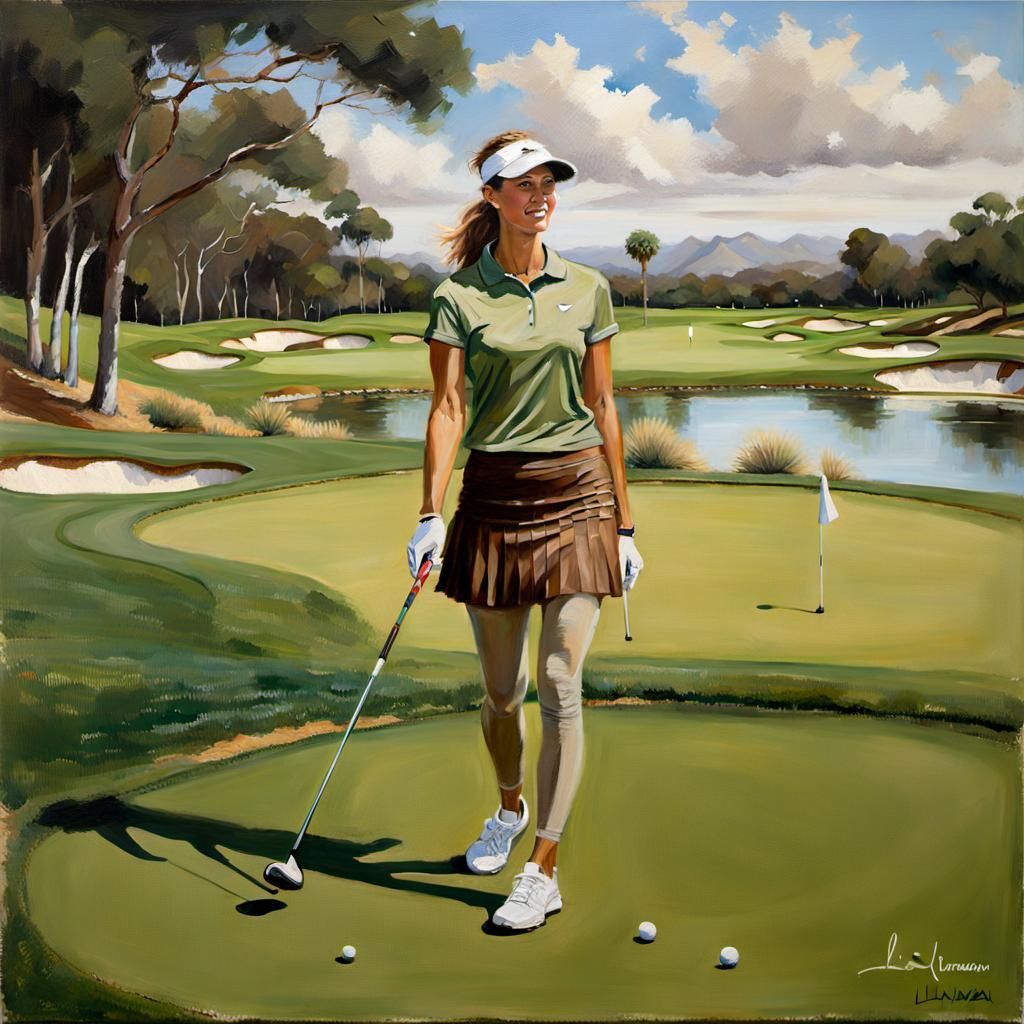 Woman Golfer in Pleated Skirt: Oil Painting