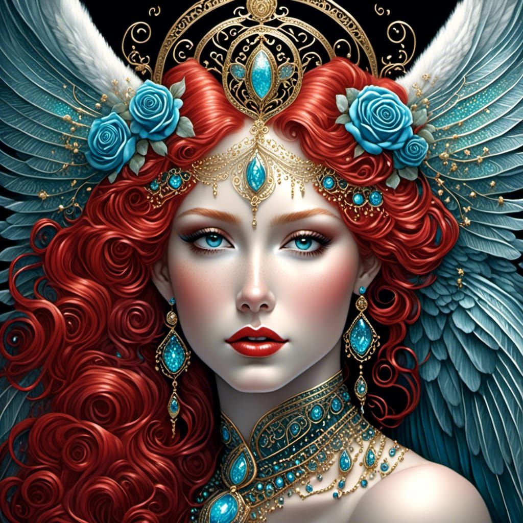 Red-Haired Angel in Lingerie with Golden Accents