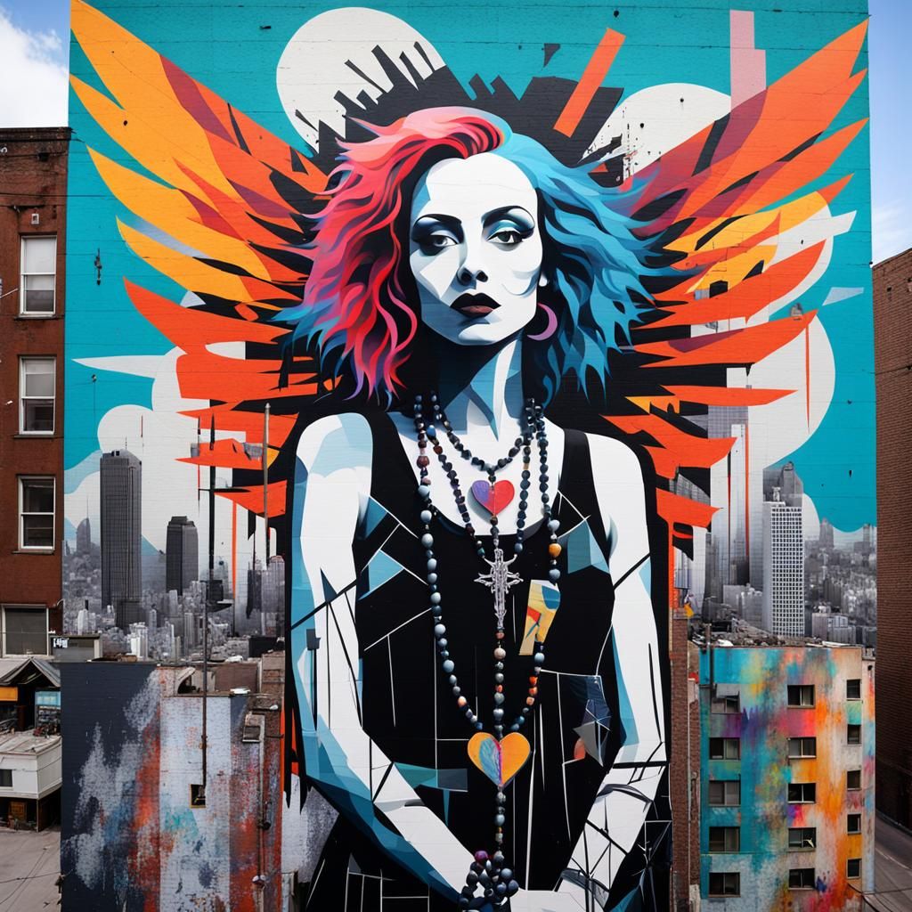 Goth Graffiti Mural with Geometric Wings