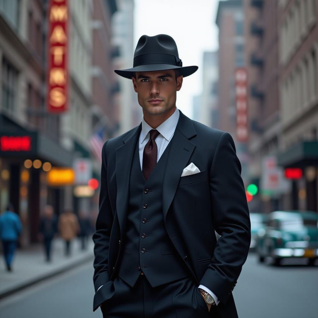 1950s Man in City Street, Retro-Futuristic Style