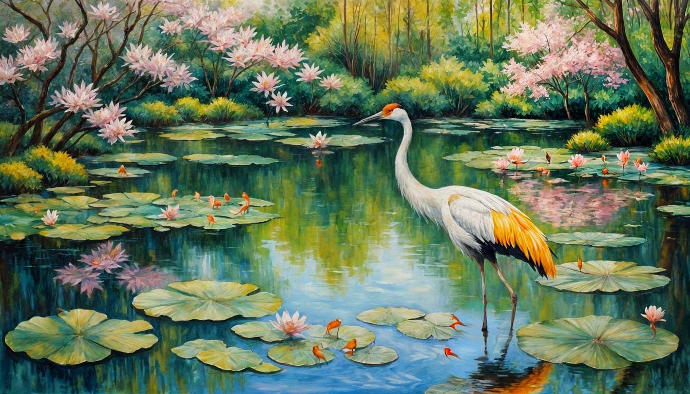 Impressionist Asian Landscape with Cranes and Fish