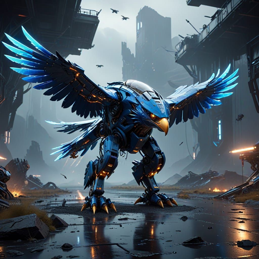 Cybernetic Eagle F35 Hybrid in Futuristic Landscape