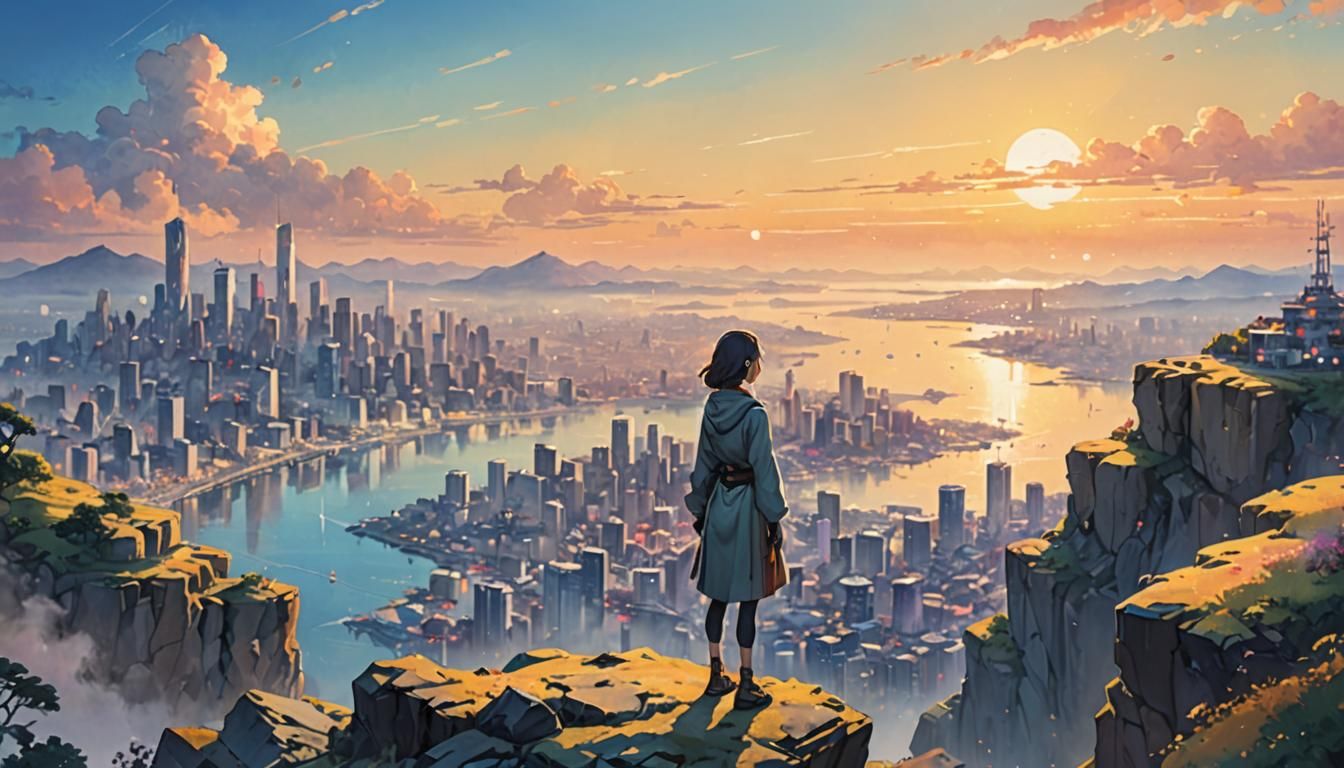 Futuristic Cityscape with Lone Woman in Anime Style
