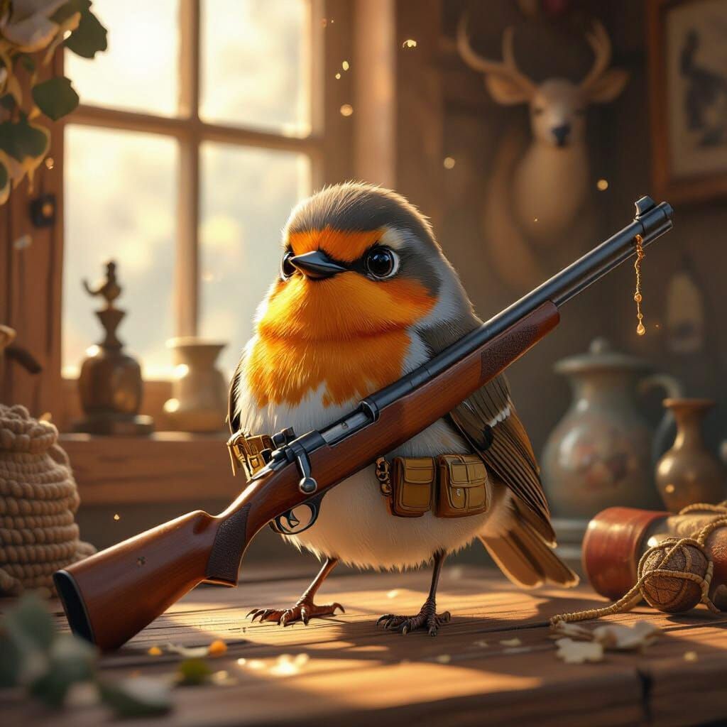 Robin Hunter with Rifle: 3D Rendered Watercolor Art