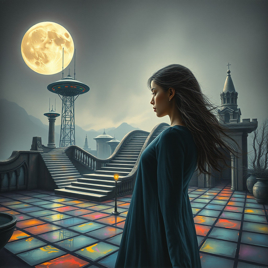 Ethereal Woman in Surreal Cityscape: Digital Oil Painting