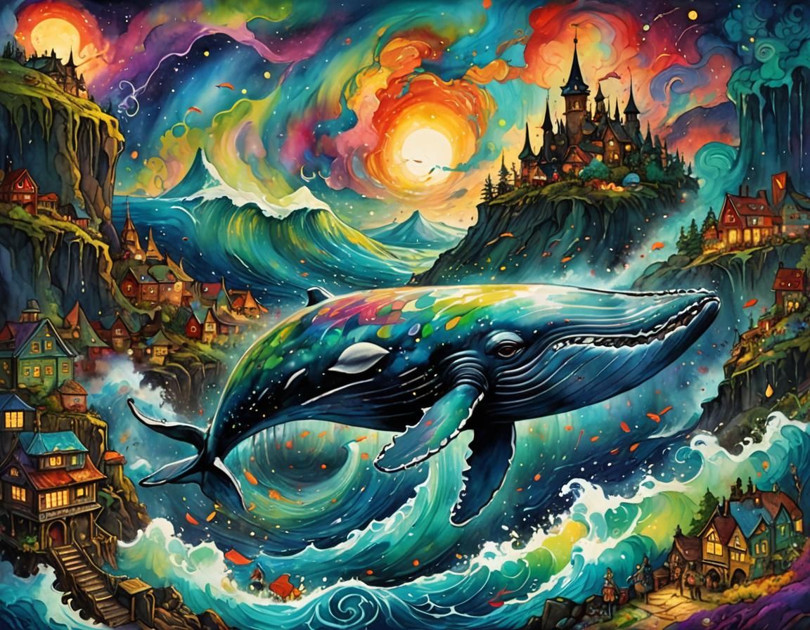 Psychedelic Whale in Stormy Aurora Landscape