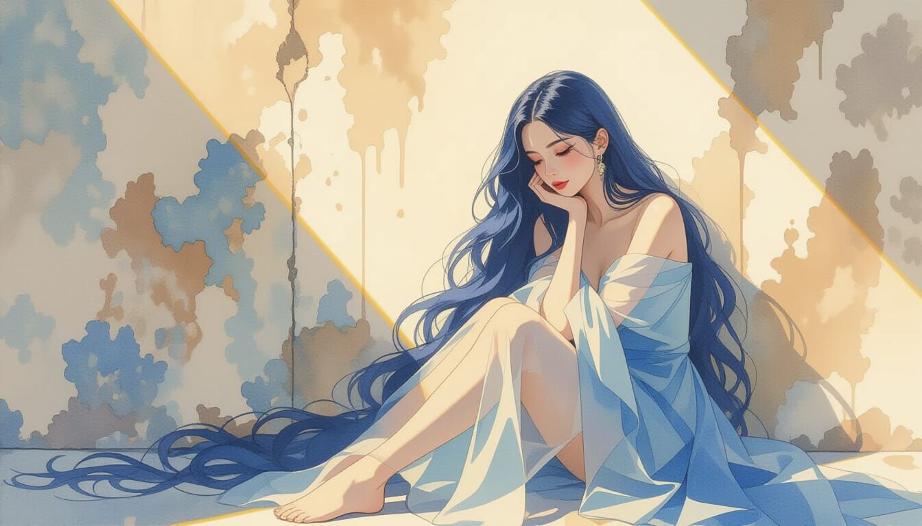 Woman with Blue Hair in Klimt-Royo Watercolor