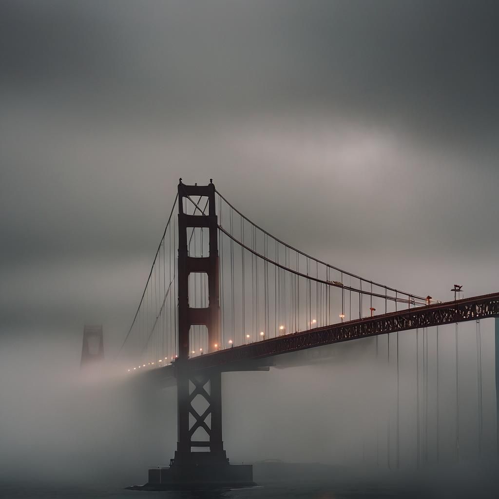 Golden Gate Bridge in Gray Fog: Cinematic Film Still