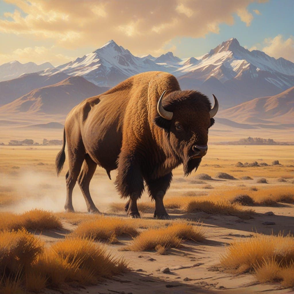 Lone Bison in Sun-Drenched American West Landscape