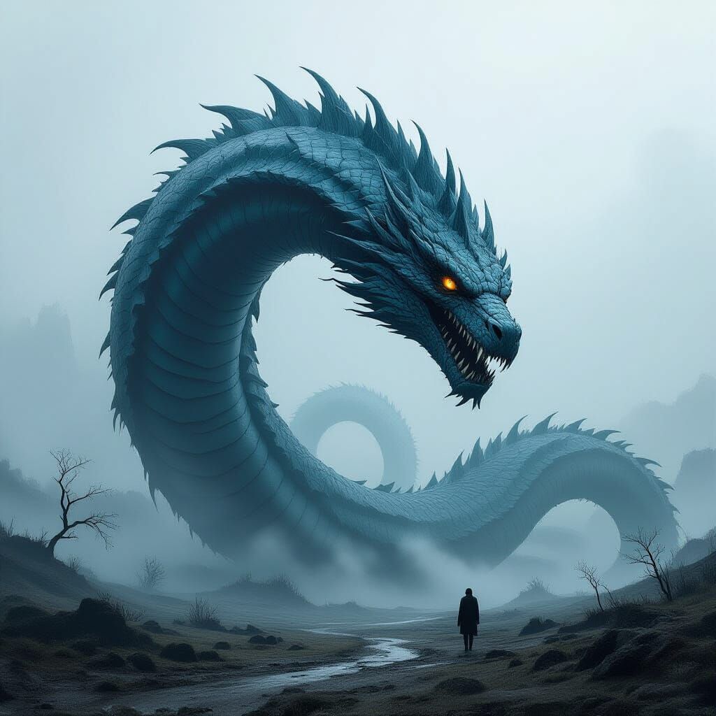 Colossal Serpentine Monster in Mist-Shrouded Landscape