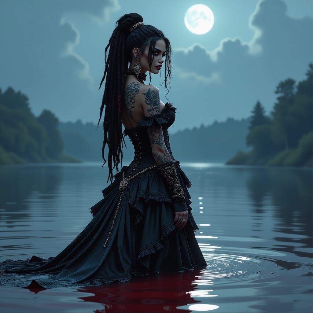 Gothic Boho Pirate in Blood Lake, Dark Fantasy Art