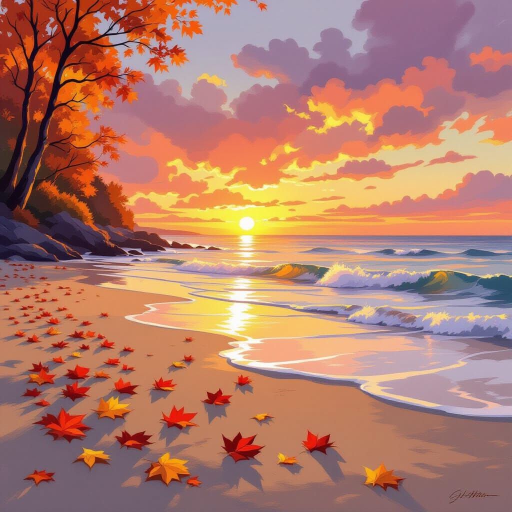 Golden Autumn Beach Sunset Illustration