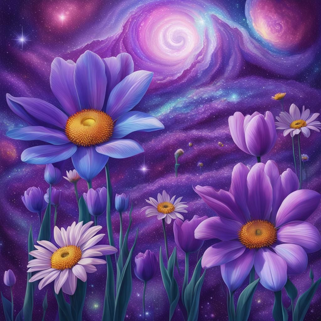 Holographic Purple Tulips and Daisies in Astral Style