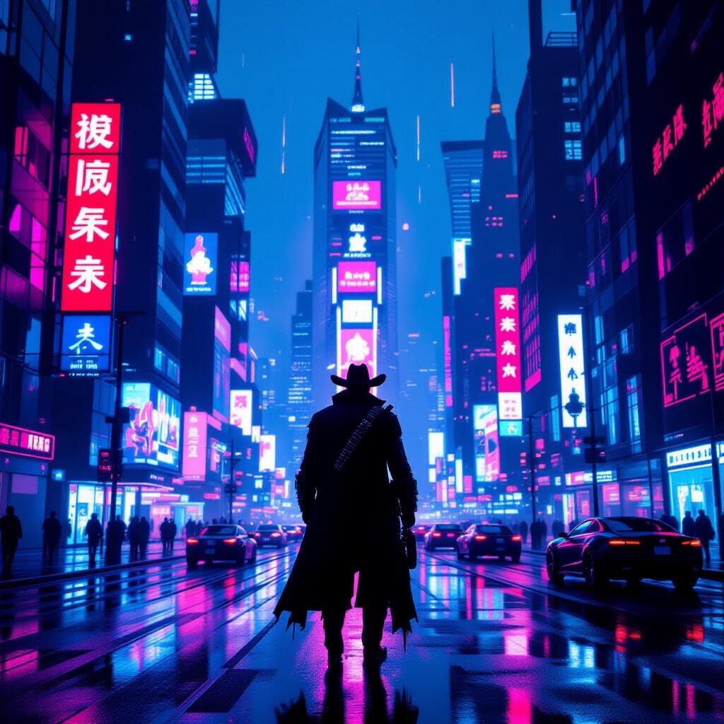 Cowboy in Neon Cyberpunk Cityscape