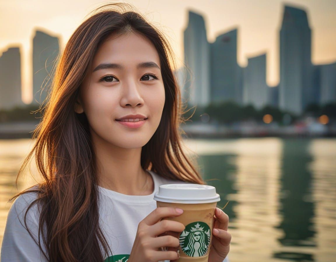 Singapore Lady with Coffee: Photorealistic Digital Art