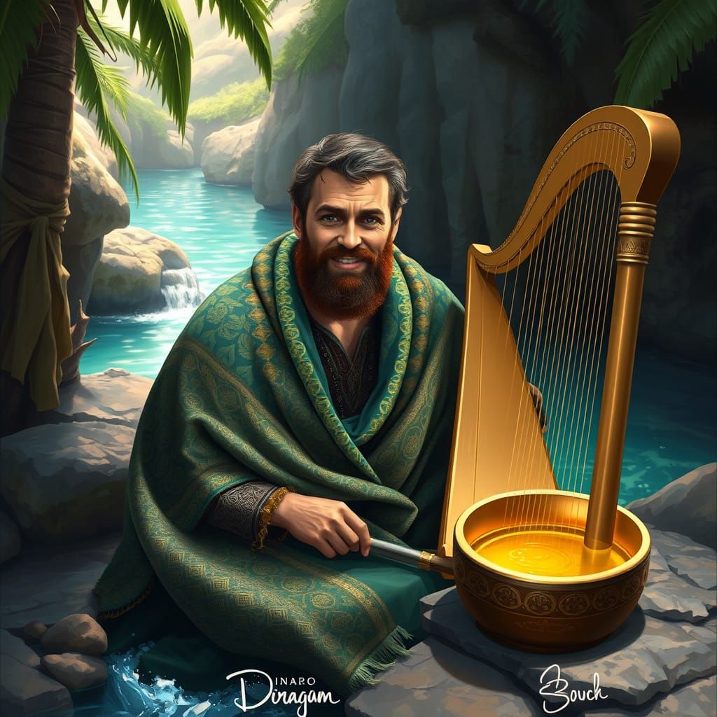 Man in Luxurious Quilt by Tropical Stream with Harp