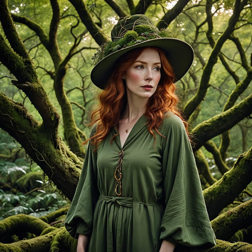 Freckled Redhead in Mystical Forest, Hyper-Realistic