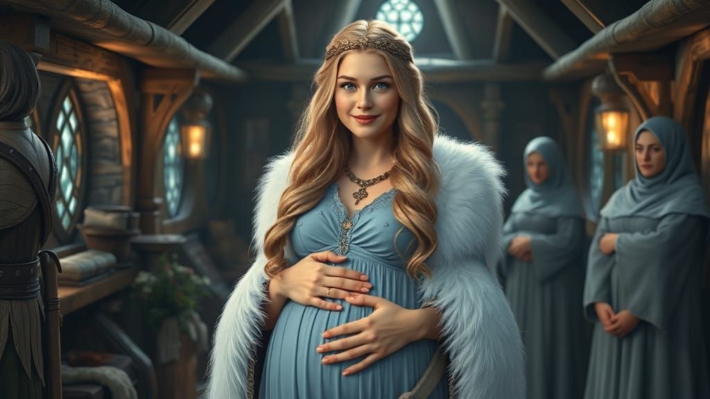 Norse Goddess Freya Surrounded by Attending Maids in a Cozy ...