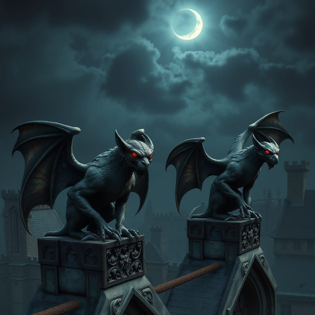 Medieval Gargoyles Defend Ancient City Under Crescent Moon