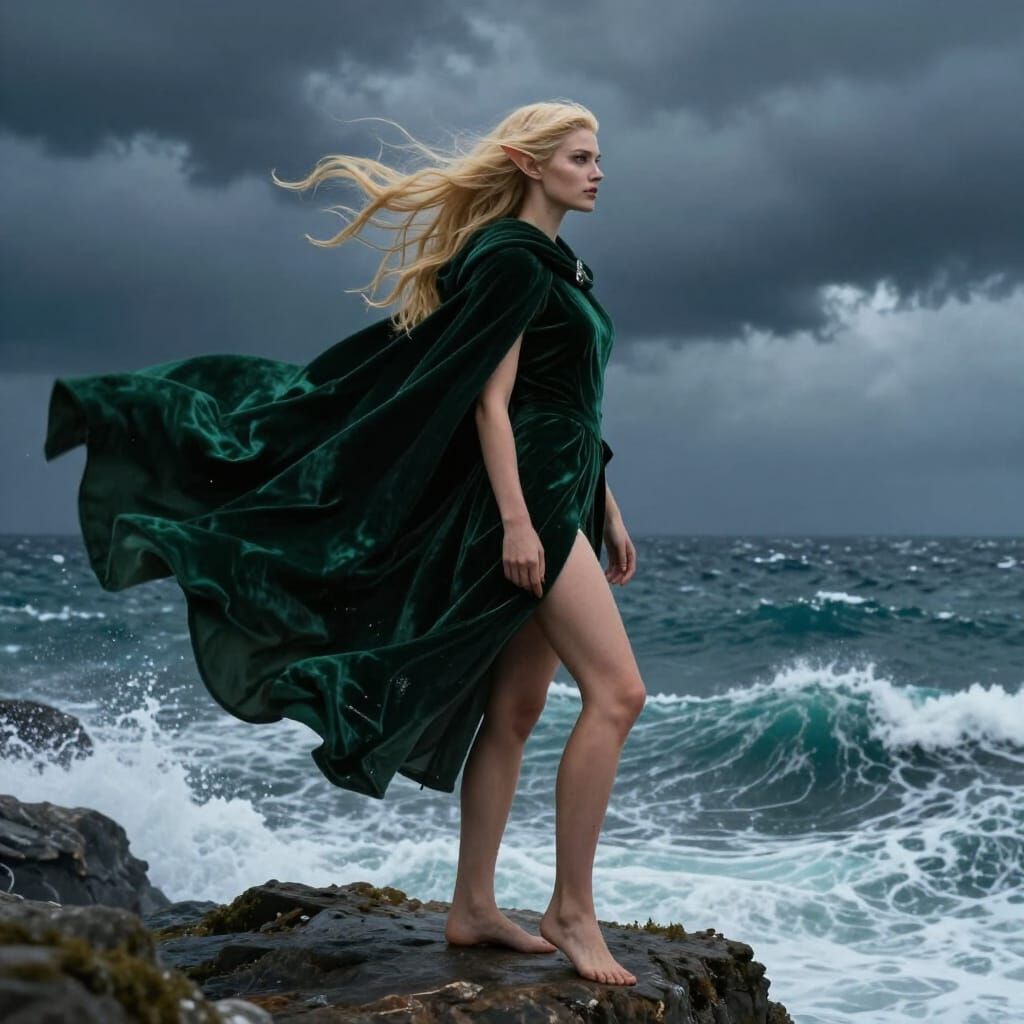Elf on Cliff in Windy Storm, Fantasy Art Style