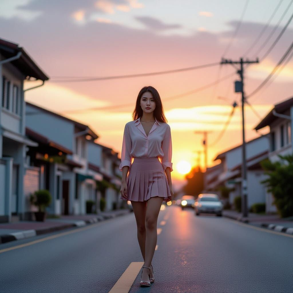 Singapore Kampong Village Street Scene, 1970s Sunset